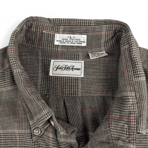 Vintage Saks Fifth Avenue Shirt Adult LARGE Brown Houndstooth Plaid Pocket 90s - Picture 3 of 6